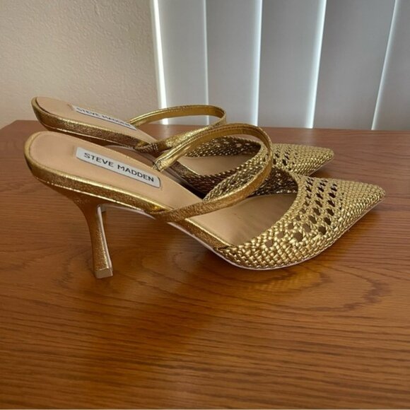 Steve Madden Shoes - Steve Madden Brinley Woven Mule Heels Gold Metallic Size 10